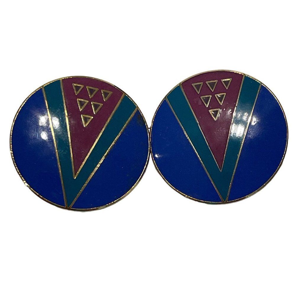 Laurel Burch WU YI Gold Tone Clip On Earrings 80s Geometric Cloisonné